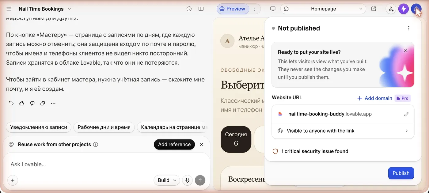 Окно публикации: адрес будущего сайта и предупреждение о безопасности