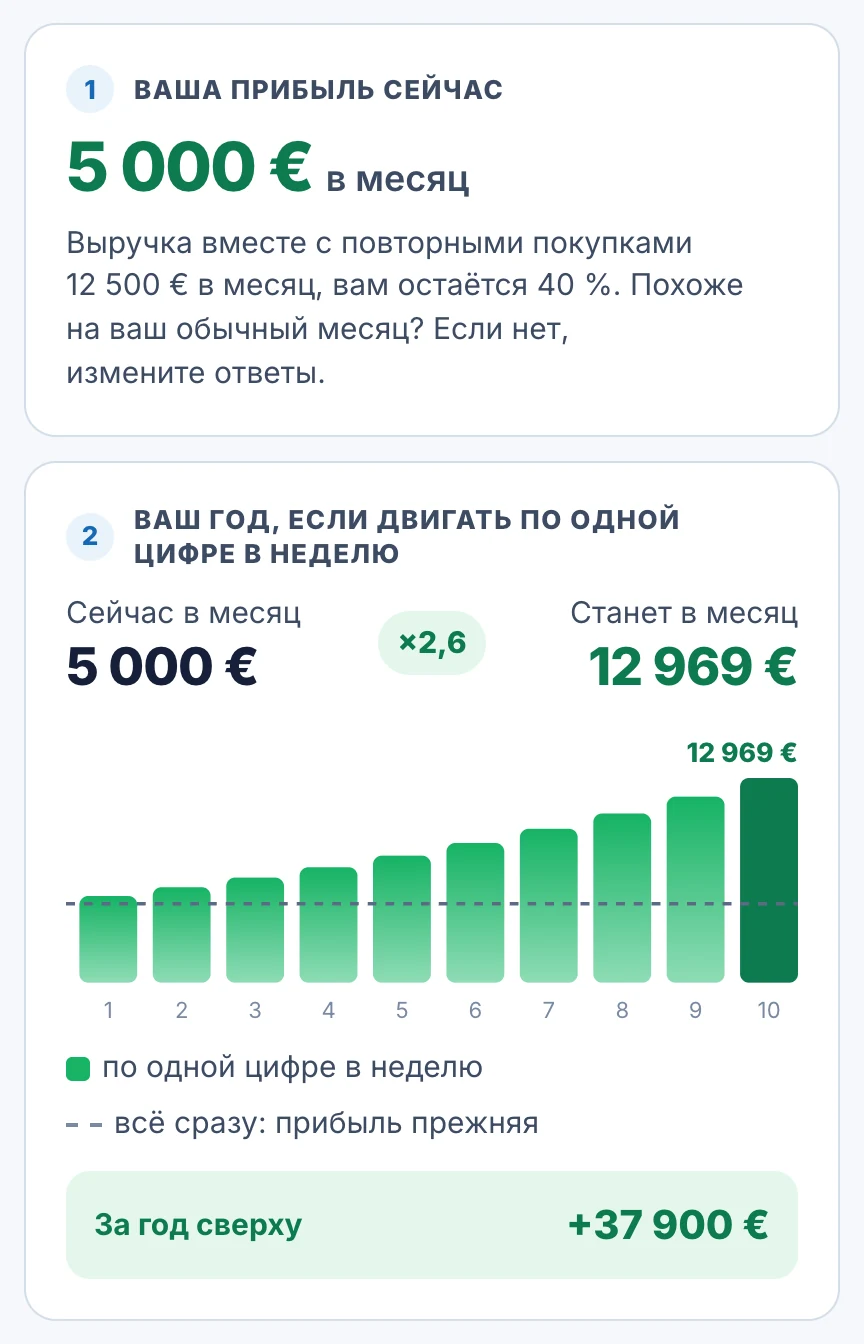 Экран расчёта: прибыль сейчас 5 000 € в месяц, станет 12 969 € в месяц