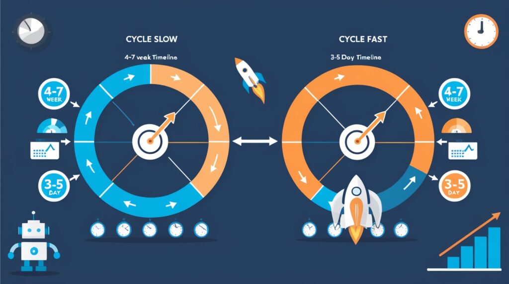 Схема сравнения классического Lean Startup цикла и AI-ускоренного подхода с временными интервалами