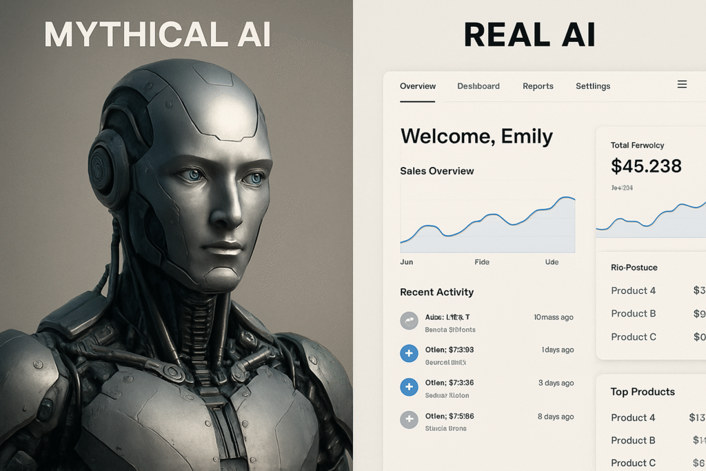 Сравнение мифического AI (робот из фильма) и реального AI (интерфейс бизнес-приложения)