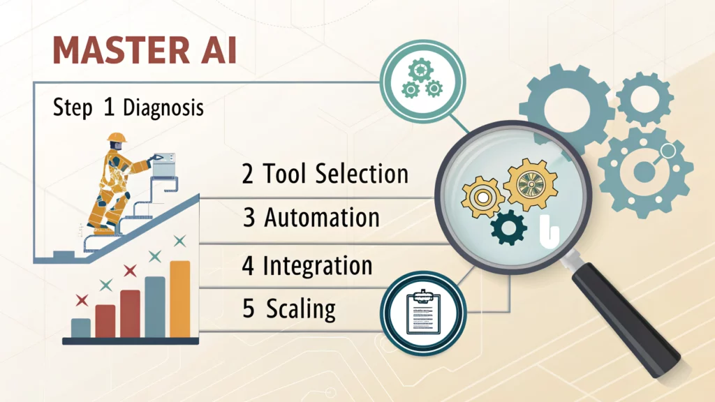 Инфографика с 5 шагами освоения AI: диагностика, выбор инструмента, автоматизация, интеграция, масштабирование
