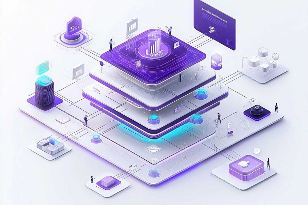 Многослойная архитектура платформенной экономики AI с центральной платформой и технологическими сервисами