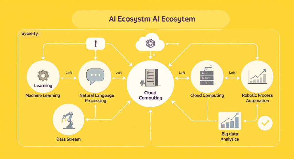 Минималистичная схема AI-экосистемы с 5 базовыми инструментами для автоматизации бизнеса